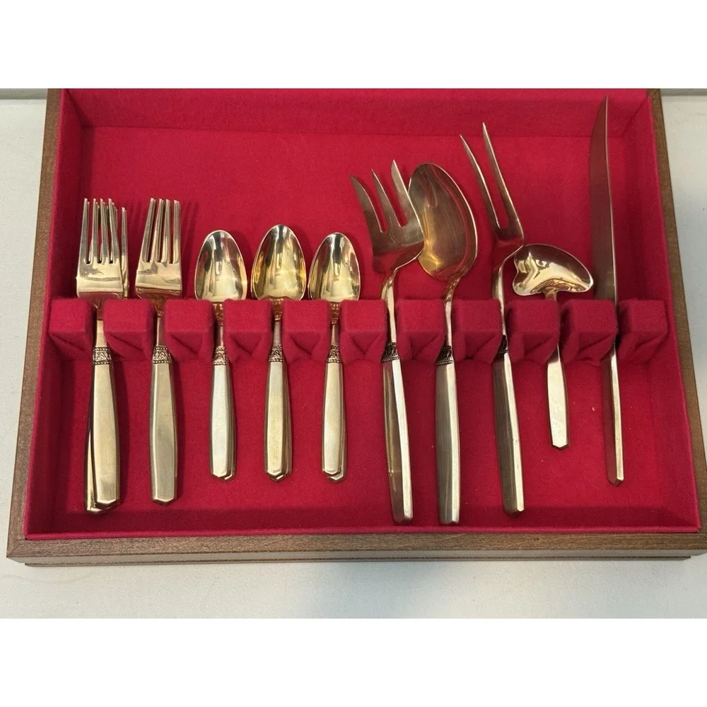 Vintage‎ Thai Brass Flatware Set. Service For 8 29 Piece Set Gold Tone with Case